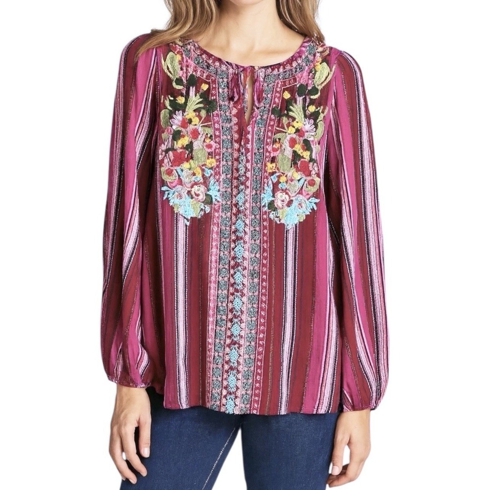 SAVANNA JANE Blouse sz L Pink Striped Floral Embroidered Long Sleeve  Boho Chic